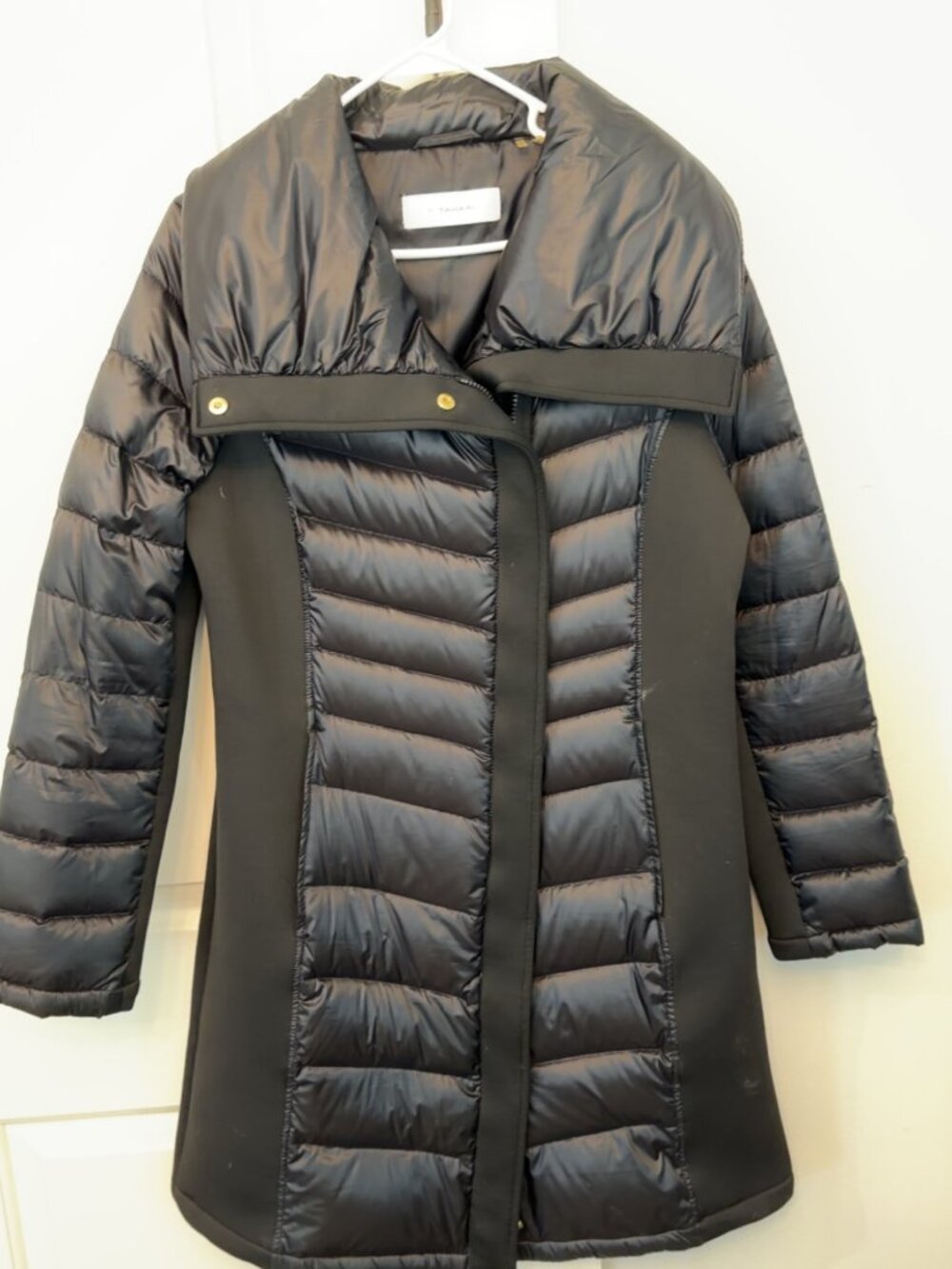Tahari Mixed Media Puffer Coat | Black | Size L | Lightweight Winter Jacket